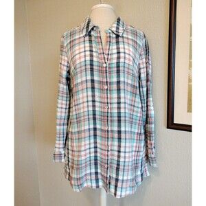 Soft Surroundings Womens M Emerson Plaid Tunic Shirt Roll Tab Sleeves Multicolor
